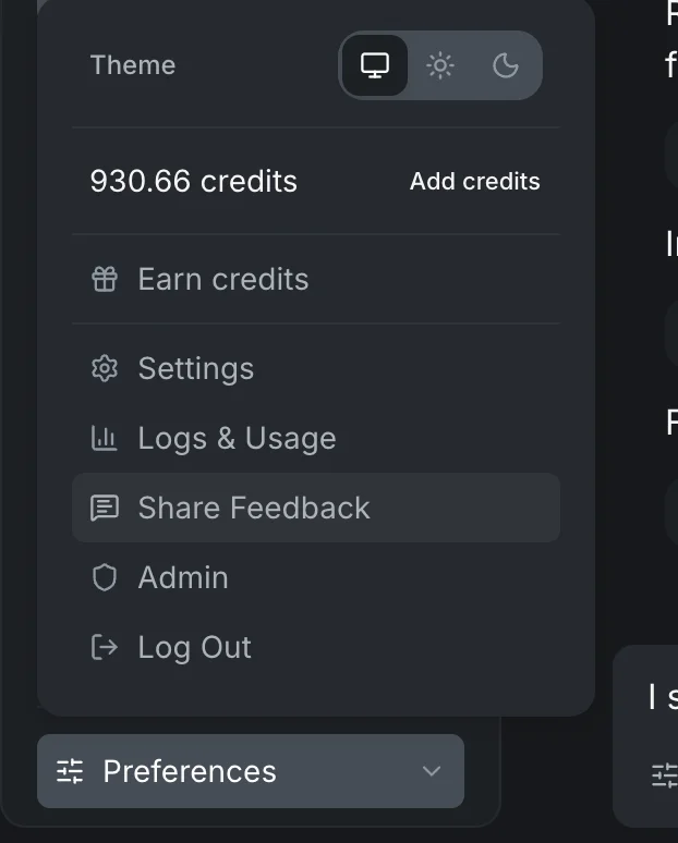 The Vellum web app's user menu opened in the top-right corner, showing Theme, credits, Earn credits, Settings, Usage, Share Feedback (highlighted), Admin, and Log Out items.