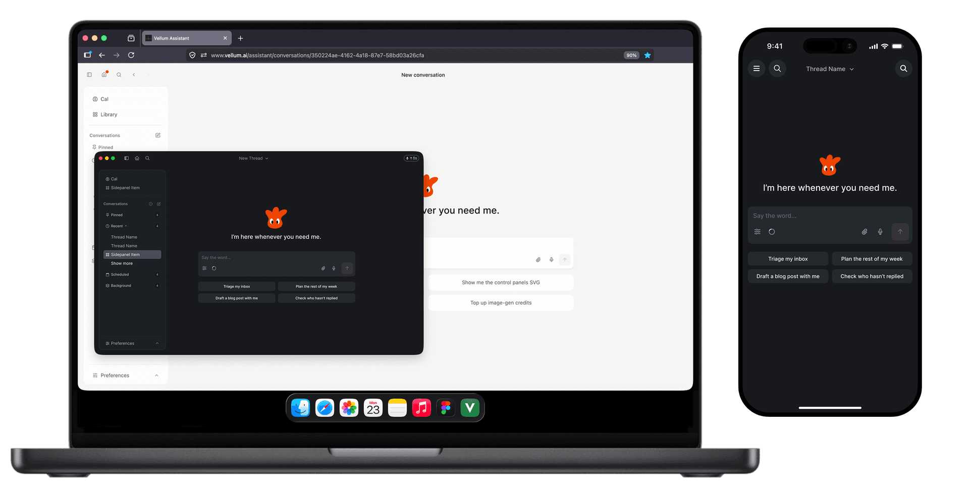 Vellum running on a MacBook and iPhone, sharing one assistant