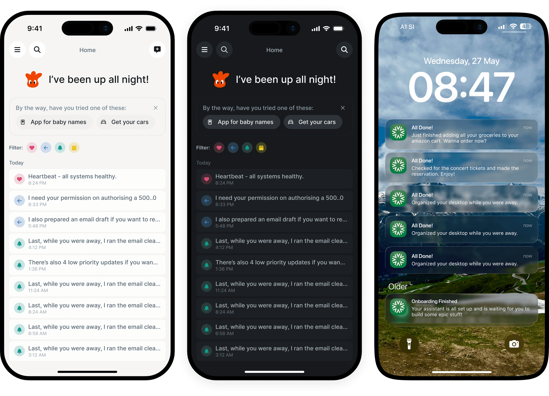 Three iPhones showing Vellum's overnight task notifications and updates